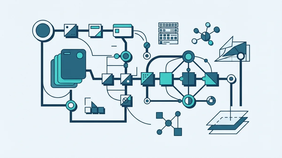 Abstract CRM feature network showing automation, data links, and lead flow