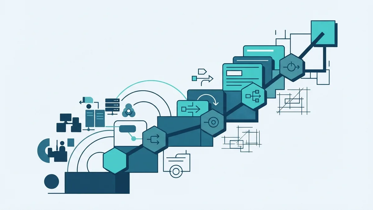 CRM growth and efficiency Abstract CRM growth path showing linked tasks, sales progress, and stronger team efficiency