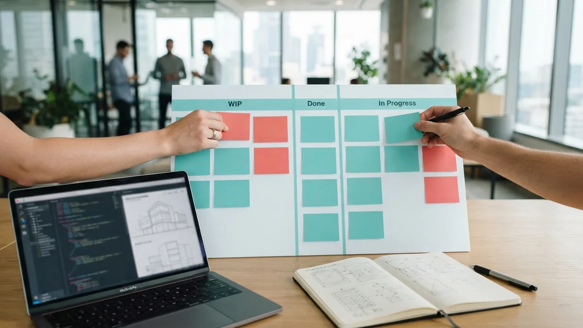 Task cards arranged across a workflow board during an Agile sprint