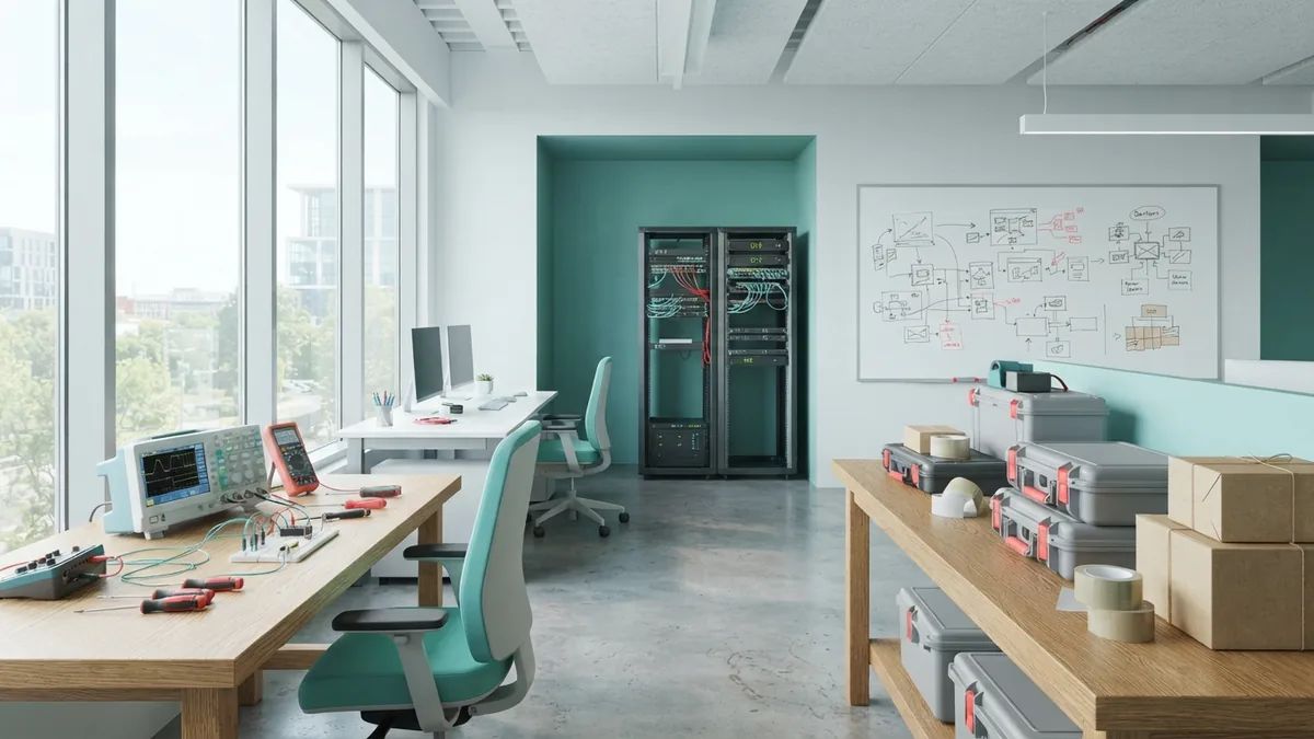 Modern engineering workspace showing software, testing, and delivery work