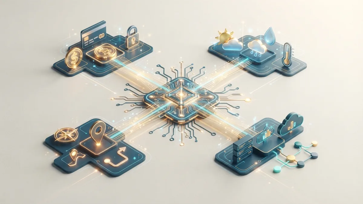 Payment, weather, and data services linked through software connections