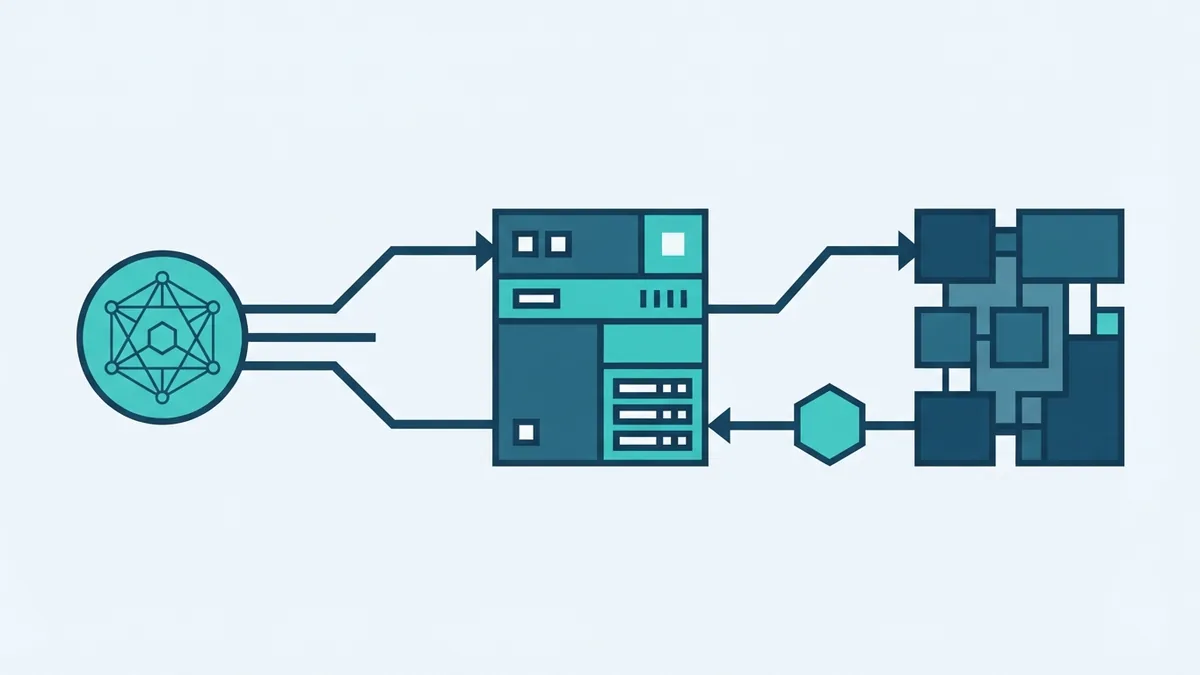 Geometric data flow showing how an MCP server connects AI clients and source systems