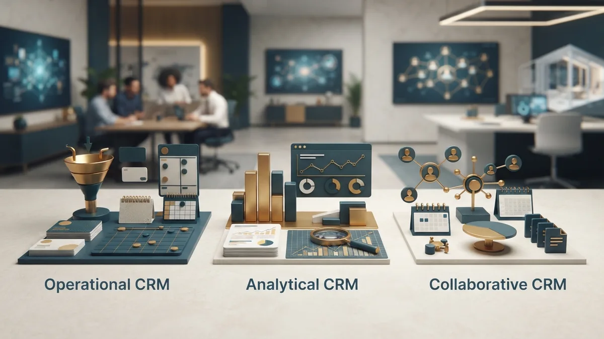 CRM tools and data types arranged in three clear operational analytical and team groups