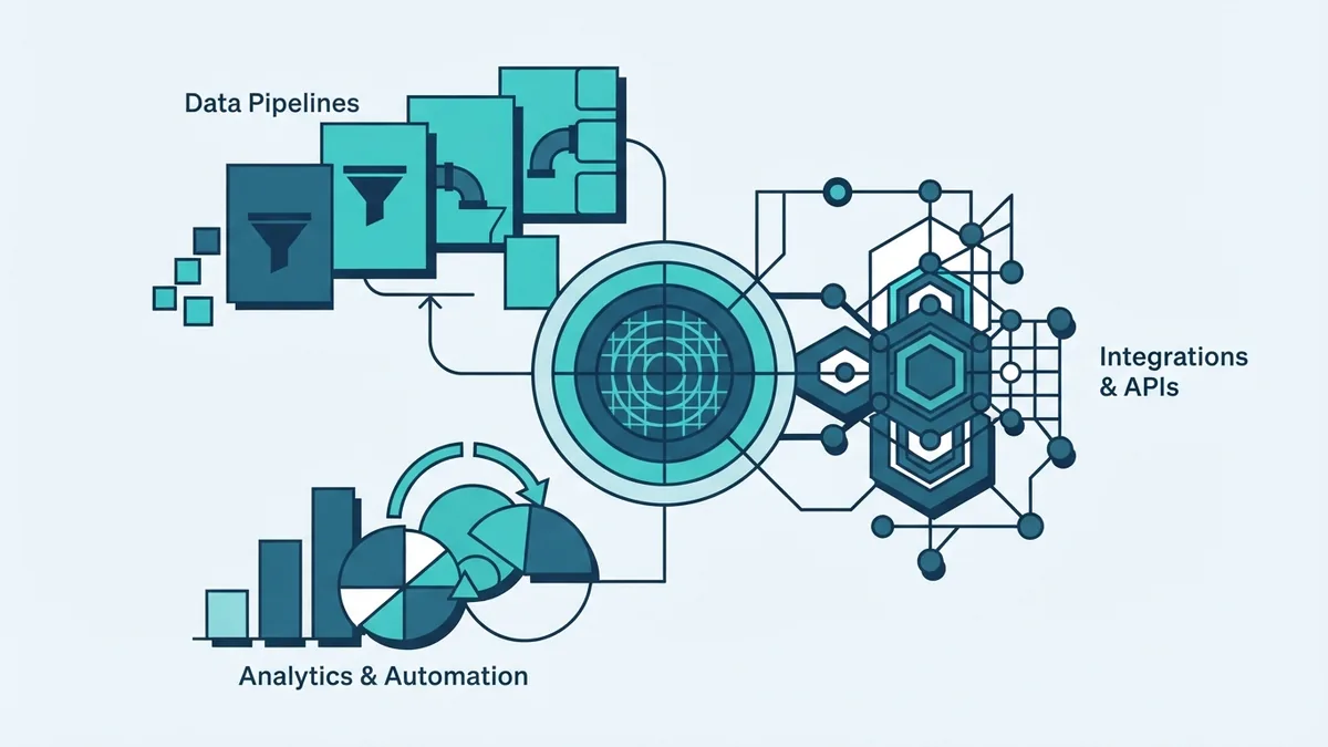 Three connected CRM system types Three CRM system types arranged around a shared customer data core