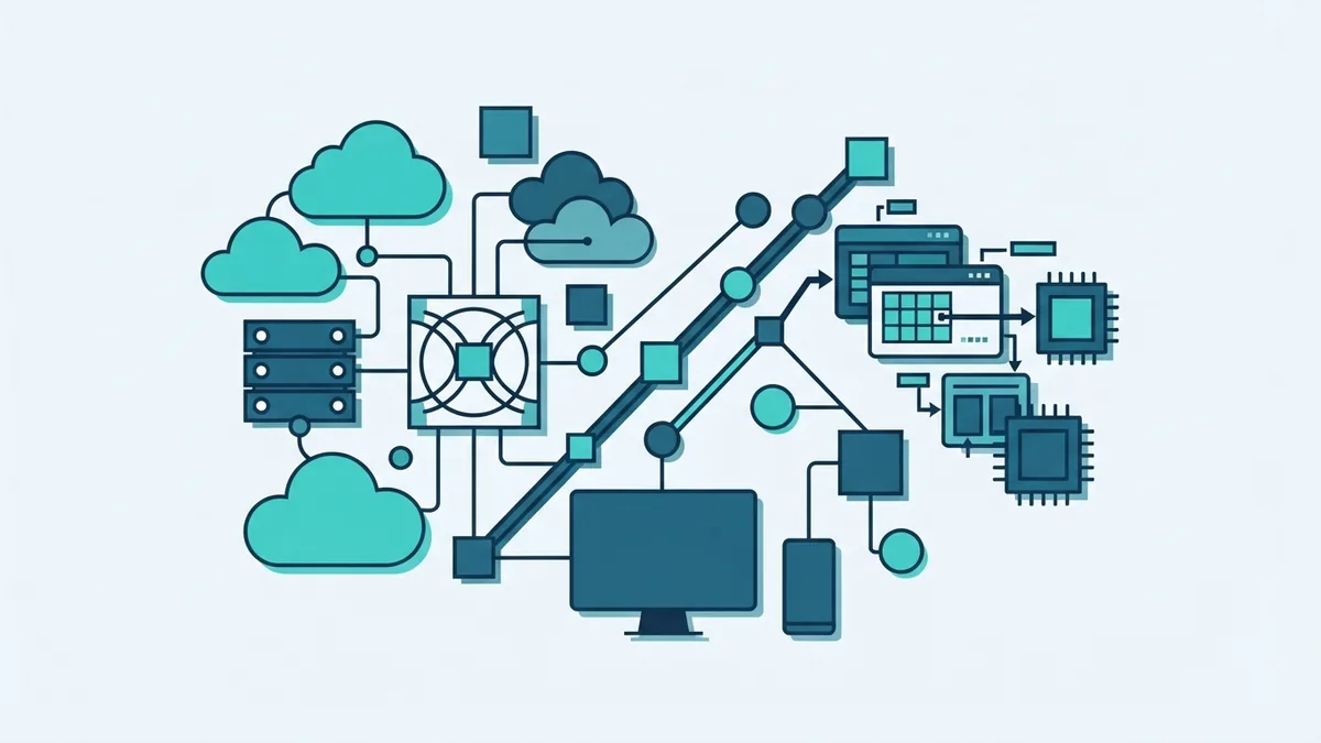 Geometric cloud modules and devices showing connected SaaS features and data flows