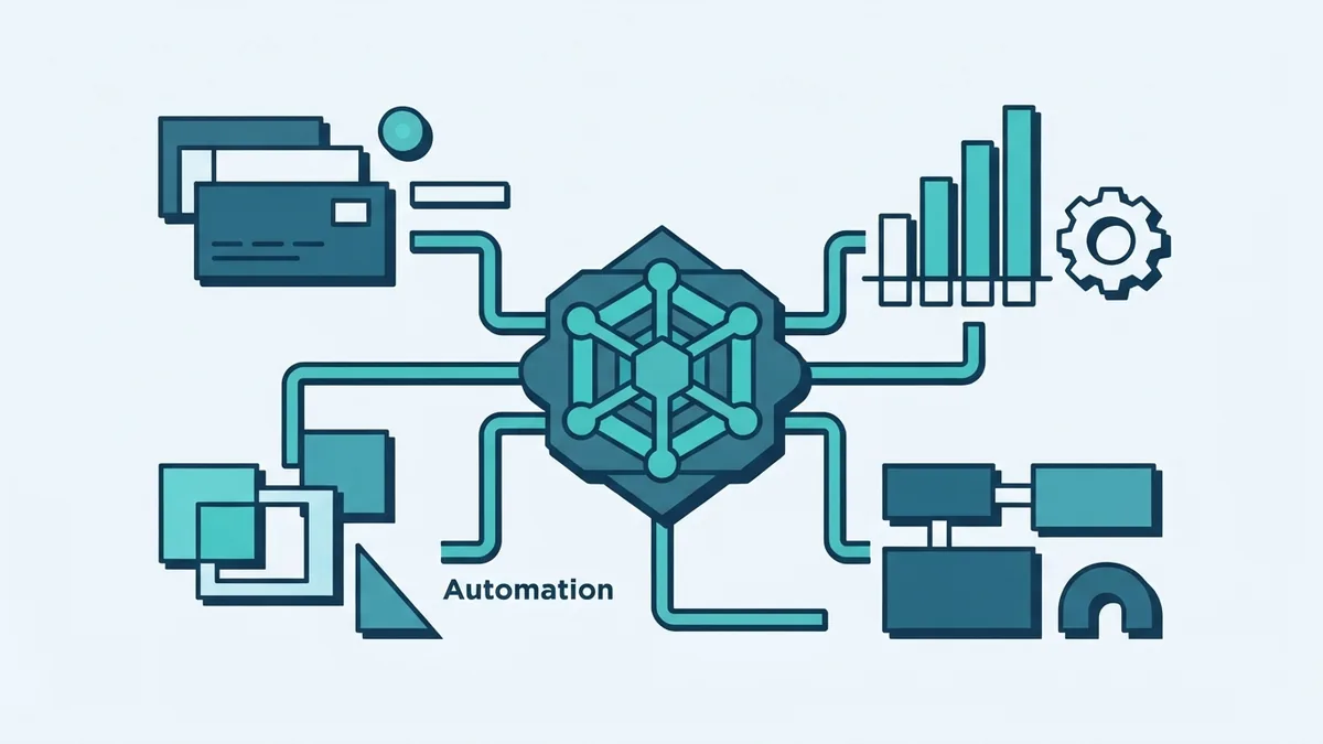 Abstract SaaS company system linking software services, payments, automation, and data