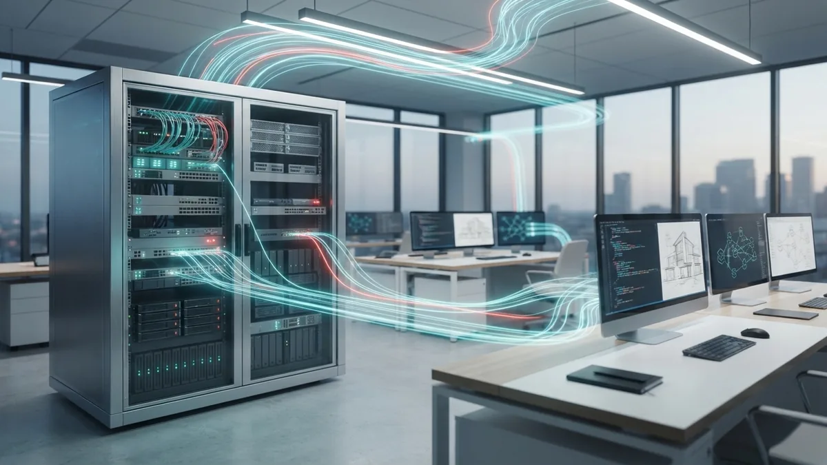 How hosted software works Cloud computing hardware linked to workstations in a hosted software setup