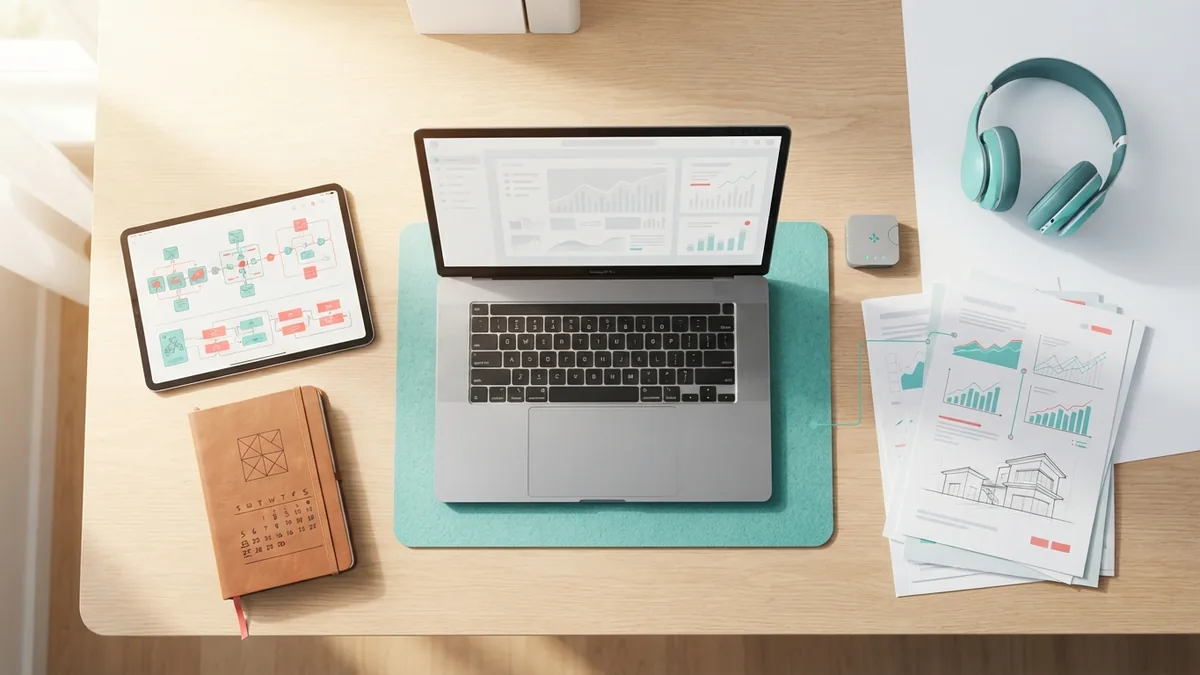 Business desk with devices and tools for communication, finance, and productivity
