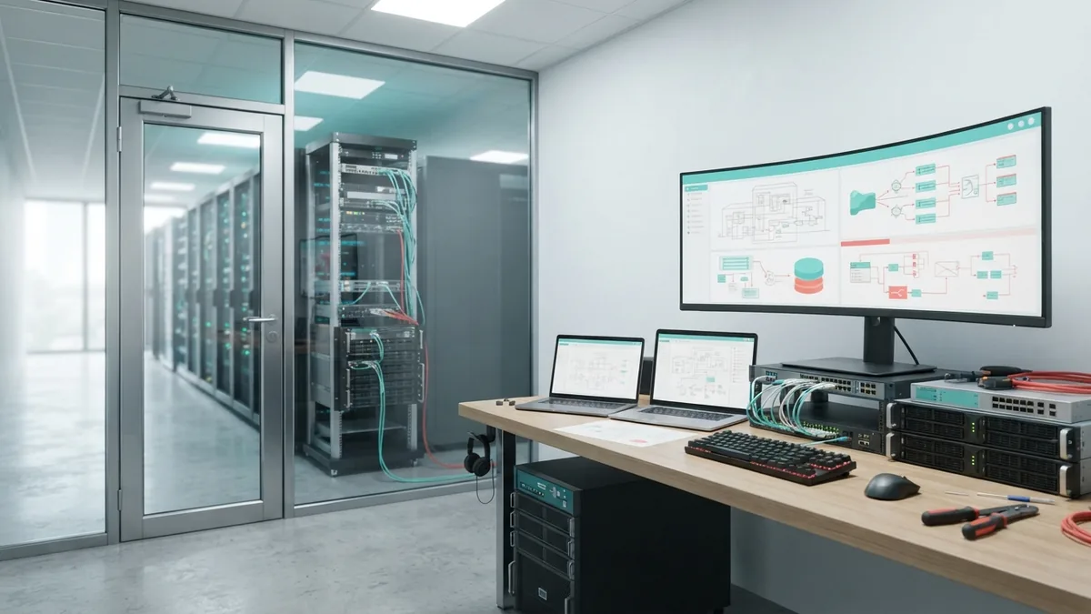 SaaS migration and system links Data centre and network equipment representing a careful SaaS migration plan