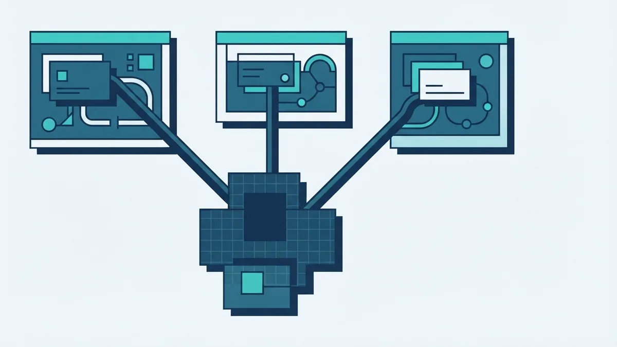 Geometric SaaS illustration showing shared platform tools and separate customer account spaces